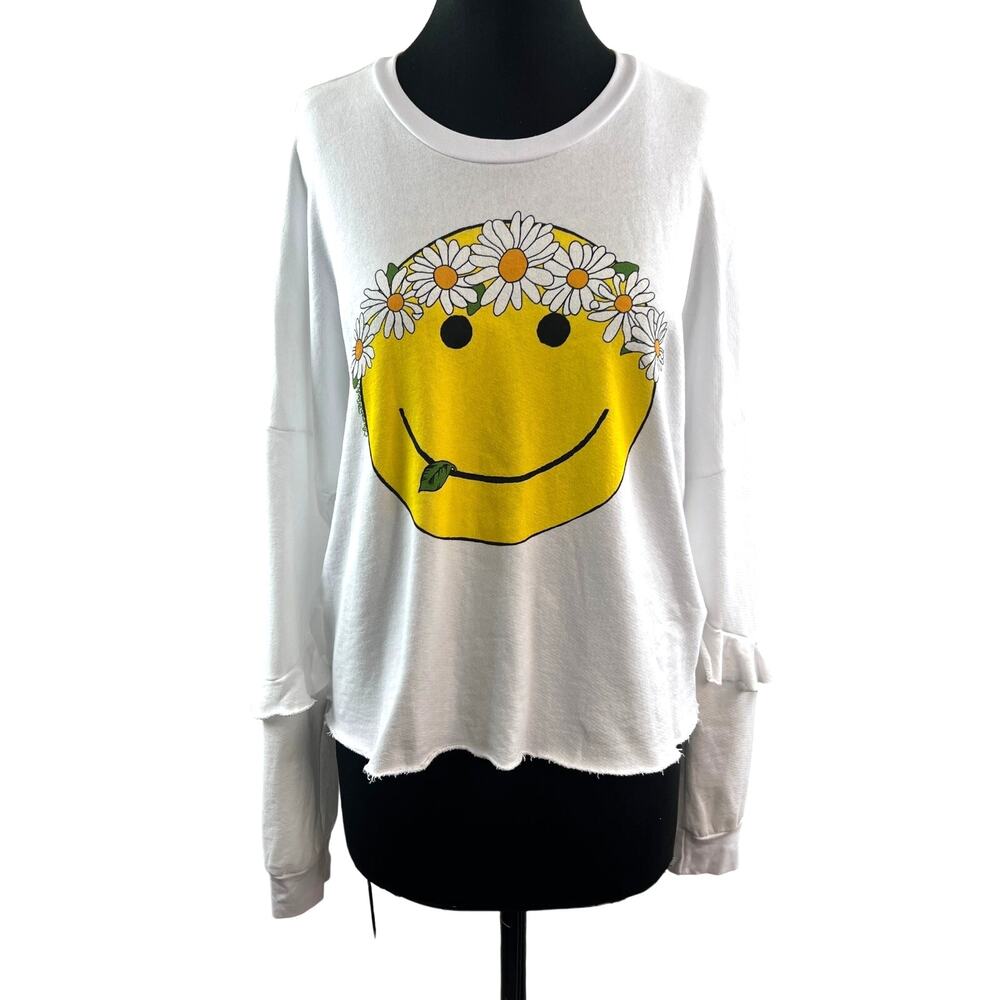 Lauren Moshi White Yellow Sweatshirt Happy Daisy Peace Crew Neck Sz Medium NEW